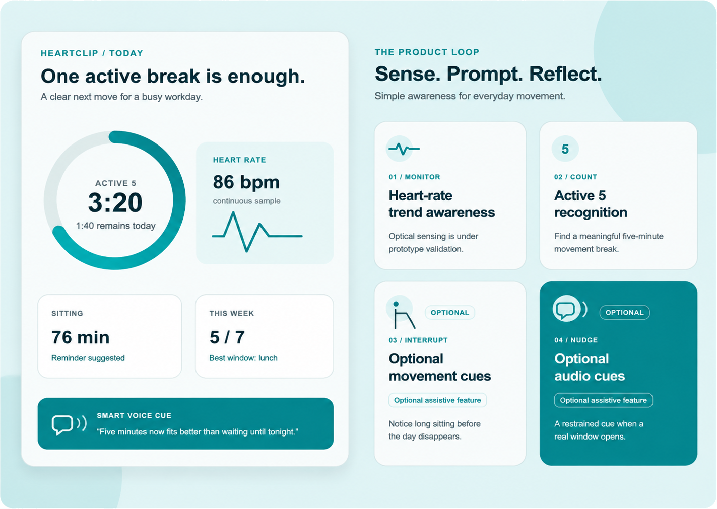 Concept companion app: today's Active 5 progress dashboard with heart-rate trend awareness, plus the Sense, Prompt, Reflect product loop.