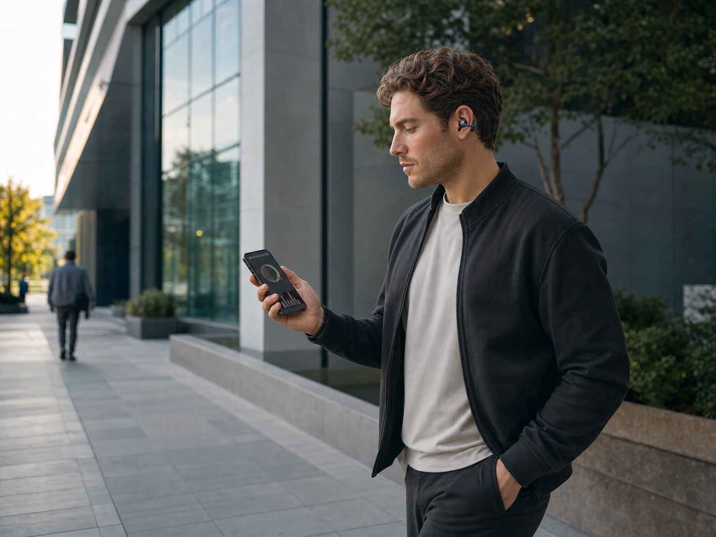 Western male professional checking a post-activity summary while wearing the vivolight concept, with no watch on his wrist.